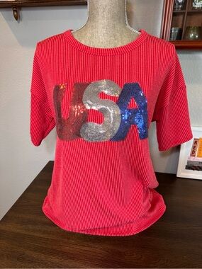 HEIMISH Red Sequin USA Logo Ribbed Top